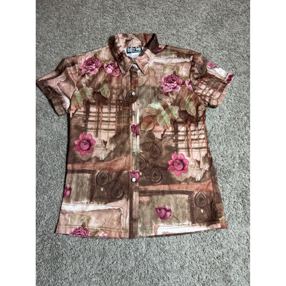 Street Code Vintage Floral Button Up  Brown Pink Short Sleeve Made in USA Y2K